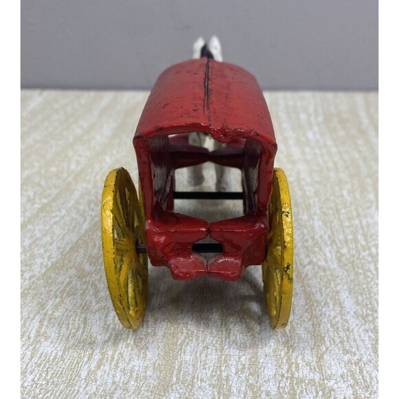 Vintage Cast Iron Horse Drawn Carriage Ice Cart Truck Wagon Toy Red White - Picture 3 of 9